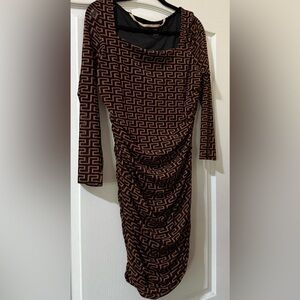 Black Brown Long Sleeve Geometric Dress Semi Sheer Stretch (Timing Brand )